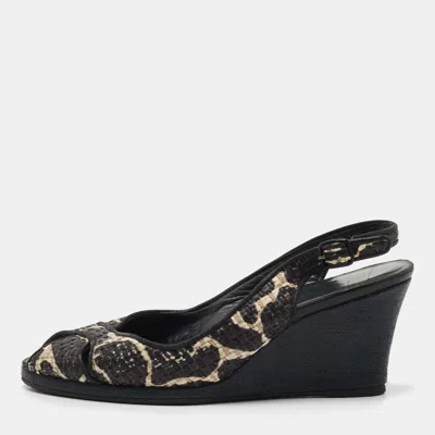 Pre-owned Stuart Weitzman Black/white Raffia Wedge Sandals Size 40
