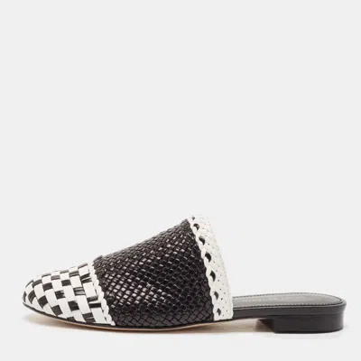 Pre-owned Stuart Weitzman Black/white Woven Leather Indiana Flat Mules Size 36