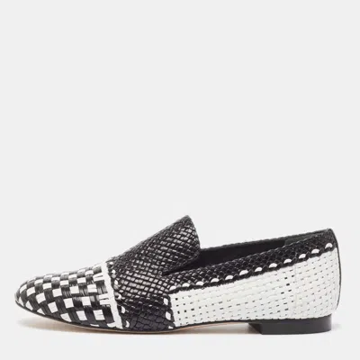 Pre-owned Stuart Weitzman Black/white Woven Leather Riviera Smoking Slippers Size 36