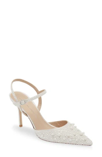 Stuart Weitzman Bliss Faux Pearl-embellished Satin Slingback Pumps In Cream/ Natural