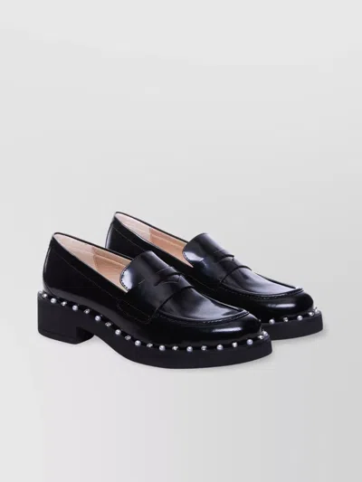 STUART WEITZMAN BLOCK HEEL LEATHER LOAFERS WITH PEARLS