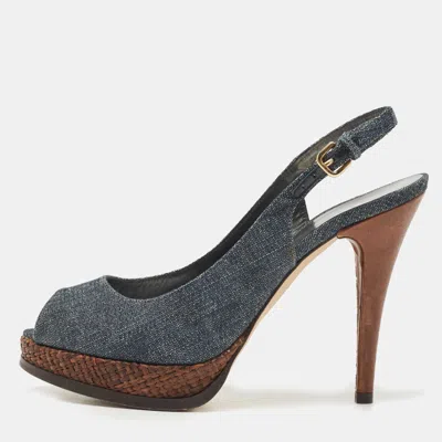 Pre-owned Stuart Weitzman Blue Denim Peep Toe Platform Slingback Sandals Size 40
