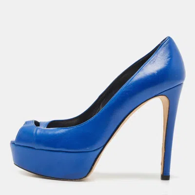 Stuart Weitzman Blue Leather Peep Toe Platform Pumps