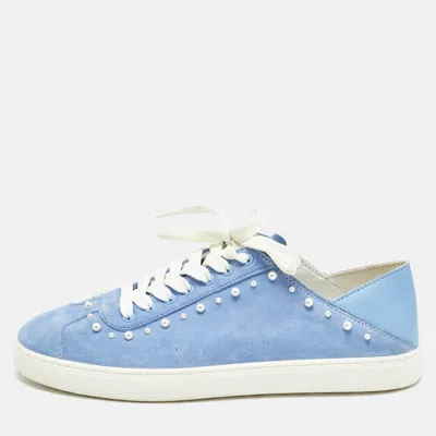 Stuart Weitzman Blue Suede Pear Embellished Lace Up Sneakers
