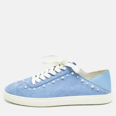 Pre-owned Stuart Weitzman Blue Suede Pear Embellished Lace Up Sneakers Size 39.5