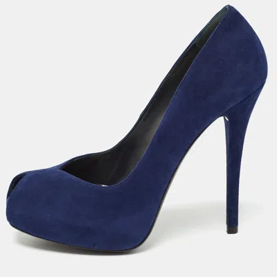 Pre-owned Stuart Weitzman Blue Suede Peep Toe Pumps Size 38.5