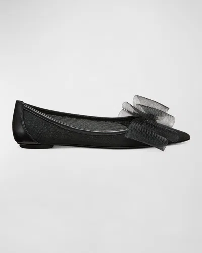 Stuart Weitzman Blushing Bow Mesh Ballerina Flats In Black