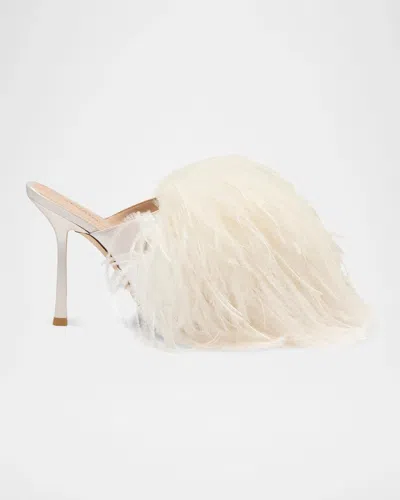Stuart Weitzman Boa Feather &amp; Satin Slide Sandals In Cream