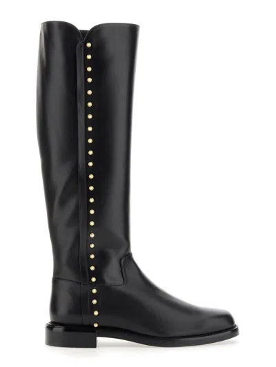 Stuart Weitzman Pearl Studded Knee-high Leather Boots In Black