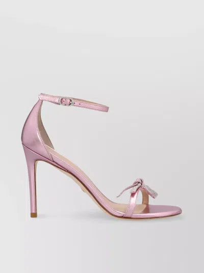 STUART WEITZMAN BOW ACCENT METALLIC STILETTO SANDALS