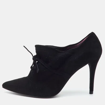 Pre-owned Stuart Weitzman Bow Size 37 Black Suede Slip On Booties