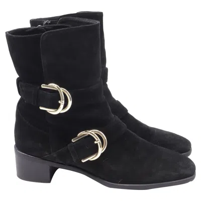 Stuart Weitzman Britain Buckle Ankle Boots In Brown Suede In Black