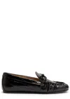 Stuart Weitzman Britt Bow Crocodile-effect Patent Leather Loafers In Black