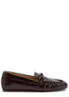 Stuart Weitzman Britt Bow Crocodile-effect Patent Leather Loafers In Brown
