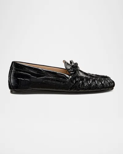 Stuart Weitzman Britt Croc-embossed Leather Bow Loafers In Black