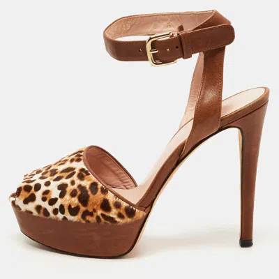 Pre-owned Stuart Weitzman Brown Leather And Leopard Print Pony Hair Platform Ankle Strap Sandals Size 38.5