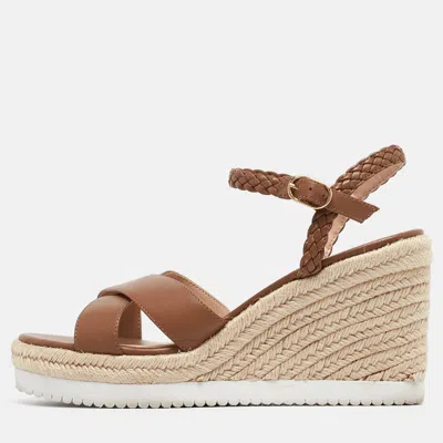 Pre-owned Stuart Weitzman Brown Leather Mykonos Wedge Espadrille Sandals Size 40.5