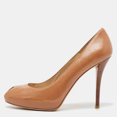Pre-owned Stuart Weitzman Brown Leather Peep Toe Pumps Size 38.5