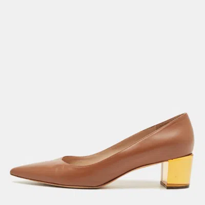 Pre-owned Stuart Weitzman Brown Leather Pointed Toe Block Heel Pumps Size 40