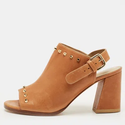 Stuart Weitzman Brown Leather Studded Slingback Sandals