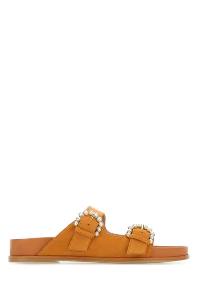 Stuart Weitzman Piper Suede Slippers With Jewel Buckle And Pearl Embellishments In Brown