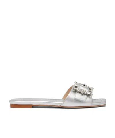 Stuart Weitzman White Leather Crystal Embellished Slide Sandals