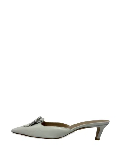 Pre-owned Stuart Weitzman Buckle-embellished Leather Mules In White