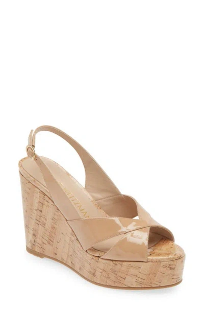 Stuart Weitzman Carmen Patent Slingback Wedge Sandals In Adobe