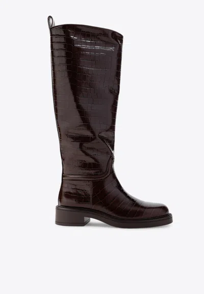 Stuart Weitzman Celia Riding Boots In Croc-embossed Leather In Brown