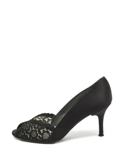 Pre-owned Stuart Weitzman Chantelle Satin Lace Peep-toe Pumps In Black