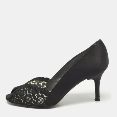 Pre-owned Stuart Weitzman Chantelle Size 38.5 Black Lace And Satin Peep Toe Pumps