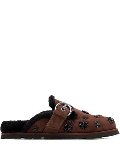 Stuart Weitzman Chrystie Buckle-embellished Mules In Brown