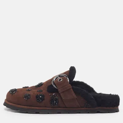 Pre-owned Stuart Weitzman Chrystie Embellished Size 40 Brown Suede Mules