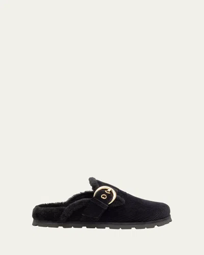 Stuart Weitzman Chrystie Shearling-lined Corduroy Mules In Black