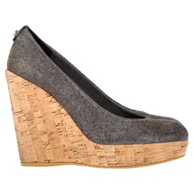 Stuart Weitzman Cork Wedge Platform Pumps In Silver Glitter Lurex