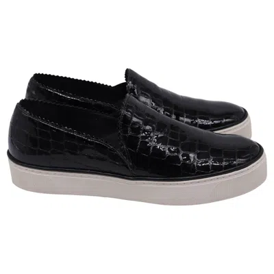 Pre-owned Stuart Weitzman Croc Embossed Nuggets Slip On Sneakers In Black Leather