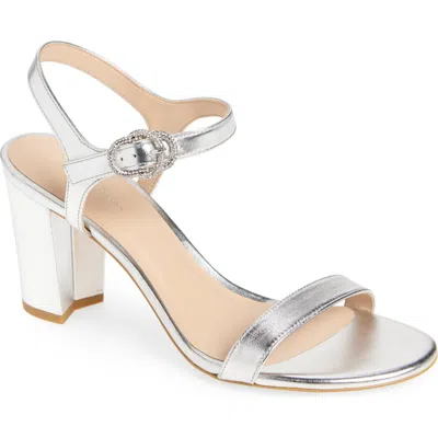 Stuart Weitzman Crystal Buckle 75 Block Heel Sandal In Silver
