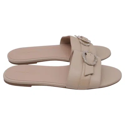 Pre-owned Stuart Weitzman Crystal-embellished Slides In Beige Leather In Brown