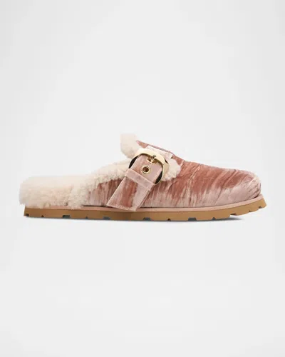 Stuart Weitzman Dara Shearling-lined Suede Buckle Mules In Brown