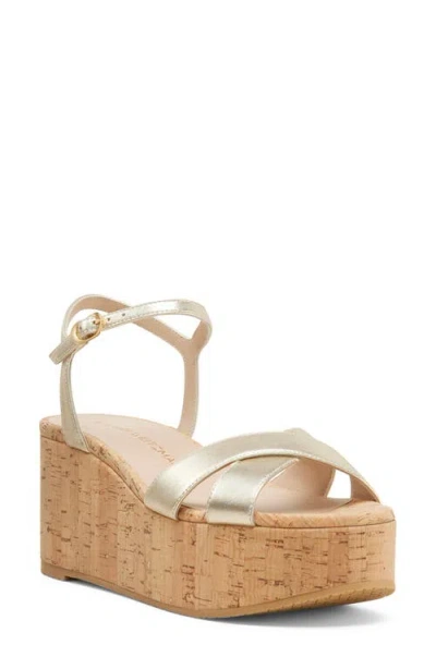 Stuart Weitzman Dayna Ankle Strap Platform Wedge Sandal In Light Gold