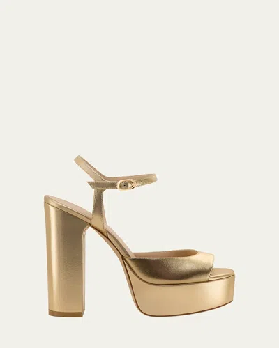 Stuart Weitzman Dayna Boost Metallic Leather Platform Sandals In Gold