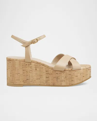 Stuart Weitzman Dayna Leather Crisscross Wedge Sandals In Adobe