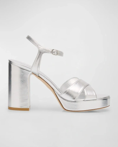Stuart Weitzman Dayna Metallic Crisscross Platform Sandals In Silver