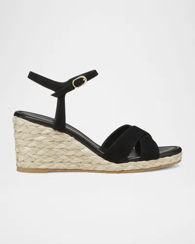 Stuart Weitzman Dayna Suede Crisscross Wedge Espadrilles In Black