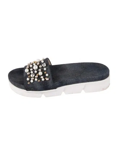 Pre-owned Stuart Weitzman Denim Colorblock Pattern Slides In Blue