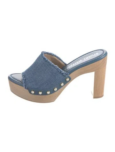 Pre-owned Stuart Weitzman Denim Raw-edge Trim Mules In Blue