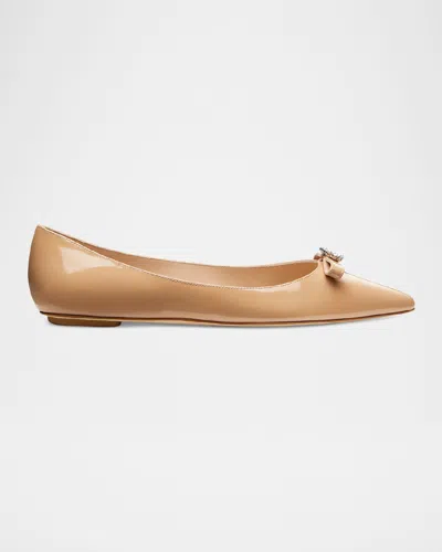 Stuart Weitzman Diana Patent Bow Ballerina Flats In Adobe