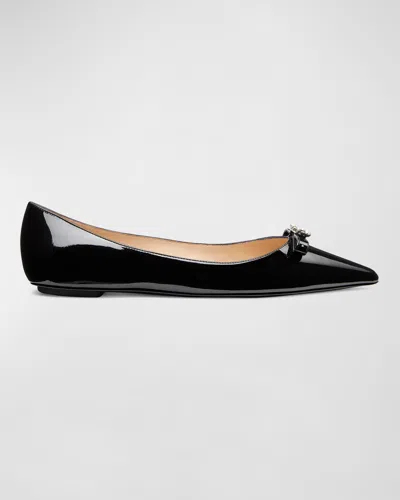 Stuart Weitzman Diana Embellished Patent-leather Point-toe Flats In Black
