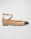 Stuart Weitzman Eden Bicolor Leather Ankle-strap Flats In Adobeblack