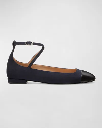 Stuart Weitzman Eden Mixed Leather Ankle-strap Ballerina Flats In Marine Blueblack